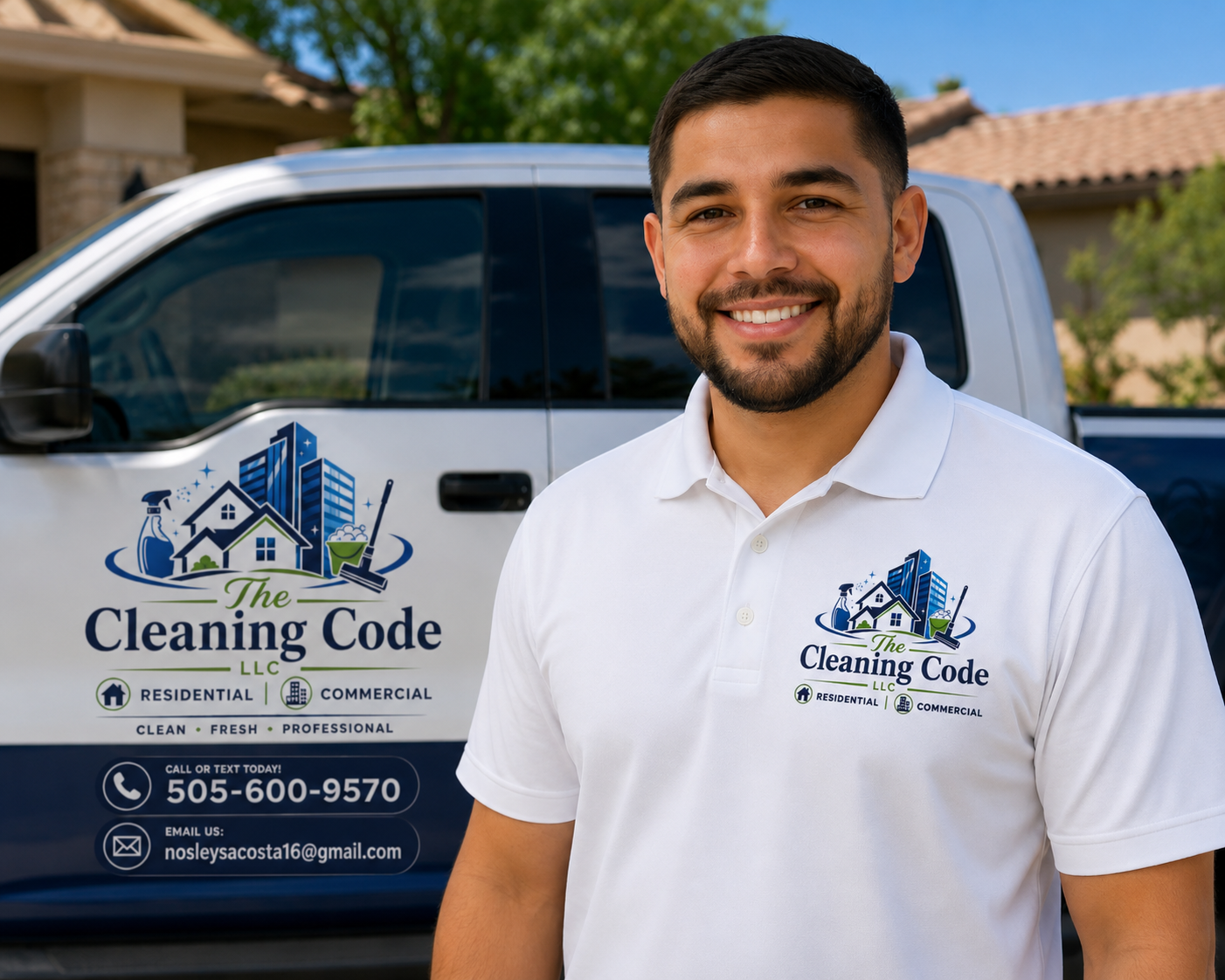 Cleaning Code LLC technician in front of a branded service truck